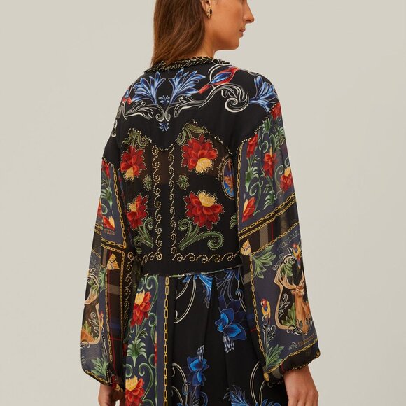 FARM Rio Black Mixed Arabesque Scarves Long Sleeve Mini Dress - Size Large - Picture 2 of 4